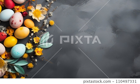 Modern and stylish flat lay composition, Easter eggs in a variety of colors and patterns with bright spring flowers on dark, textured background. Easter Decoration, banner with copy space 110497331