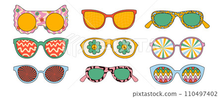 Retro psychedelic sunglasses. Vector illustrations isolated on white background. 110497402