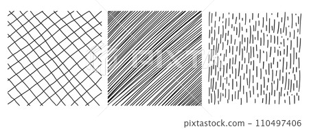 Set of textures with different hand drawn squares patterns. Pencil lines on white background. 110497406