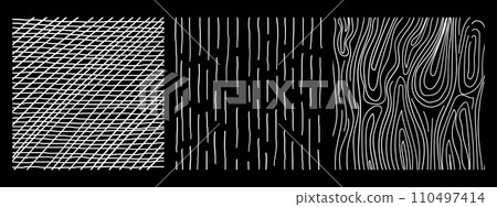 Squares textures with different hand drawn patterns. Pencil lines on black background. 110497414
