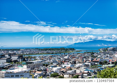 Marugame town and Seto Ohashi Bridge seen from Marugame Castle Marugame town and Seto Ohashi Bridge seen from Marugame Castle 110497564