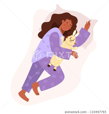 Sleeping black ethnic woman with plush bunny toy. Time relax. Cute female character in flat style. Vector illustration Sleeping black ethnic woman with plush bunny toy. Time relax. Cute female character in flat style. Vector illustration 110497765