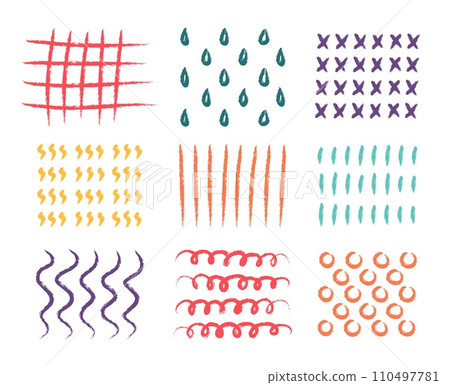 Doodle elements. Color pencil drawing. Arrows and crosses. Parallel lines. Simple hatching. Scribble repeat drops. Rough sketch. Childish textures. Curve chalk strokes. Abstract patterns vector set 110497781