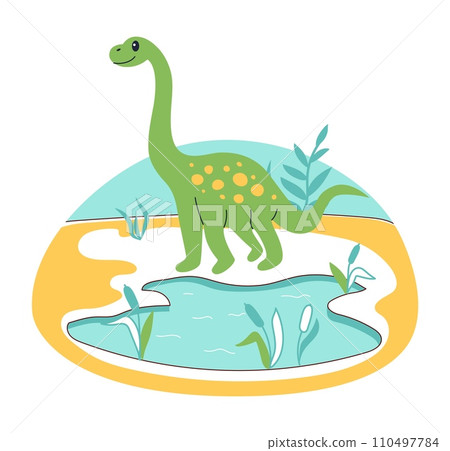 Cartoon dino. Cute dinosaur character by lake. Jurassic nature. Water pond and reeds. Extinct creature. Fantasy monster. Prehistoric reptile. Green herbivorous lizard. Vector children illustration 110497784