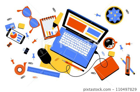 Office workplace. Work table top view. Business technology. Laptop and papers on desk. Computer screen and keyboard. Isometric creative mobile phone. Coffee cup or stationery. Vector tidy background 110497829