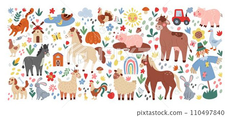 Animal farm cute. Cartoon cow, sheep and goat, horse and pig. Domestic birds, chicken and hen. Leaves flowers, childish birthday decor, spring garden, countryside agriculture. Vector eco illustration 110497840