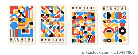 Bauhaus poster. Circle geometry architecture, form icon abstract Memphis style, design grid, square and triangle shaped, retro shape texture. Modern composition flat vector minimal design garish art 110497866
