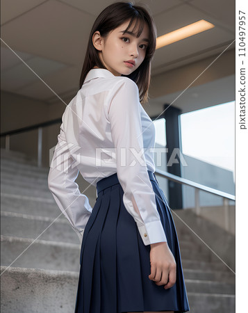 Illustration material: High school girl in uniform (stairs/turning around) Illustration material: High school girl in uniform (stairs/turning around) 110497957