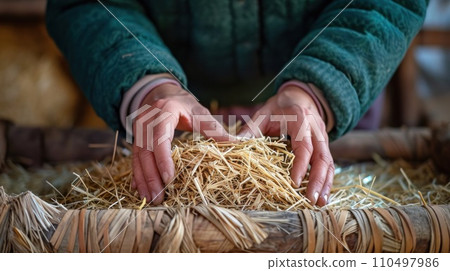 AI-generated content. A person is holding a bundle of straw in their hands, AI AI-generated content. A person is holding a bundle of straw in their hands, AI 110497986