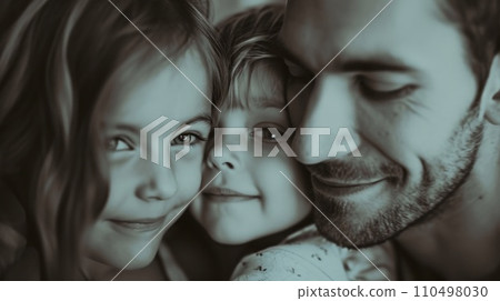 AI-generated content. A man and two children are smiling for the camera, AI 110498030