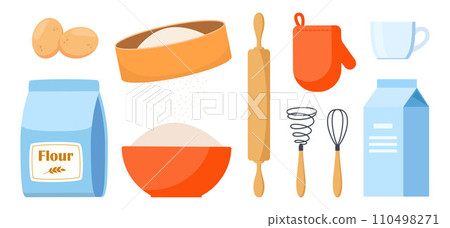 Pastry making equipment and ingredients. Baking tools set. Delicious baking. Vector illustration. 110498271