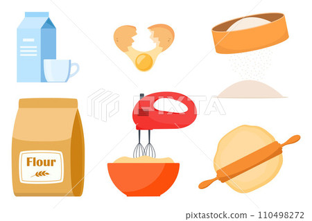 Pastry making equipment and ingredients. Baking tools set. Delicious baking. Vector illustration. Pastry making equipment and ingredients. Baking tools set. Delicious baking. Vector illustration. 110498272