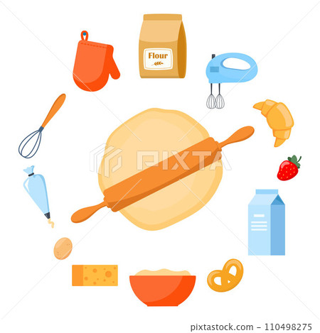 Pastry making equipment and ingredients. Baking tools set. Delicious baking. Vector illustration. Pastry making equipment and ingredients. Baking tools set. Delicious baking. Vector illustration. 110498275