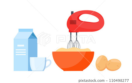 Mixer, bowl, milk and eggs. All for making an omelet. Preparing ingredients for healthy cooking. Vector illustration. Mixer, bowl, milk and eggs. All for making an omelet. Preparing ingredients for healthy cooking. Vector illustration. 110498277