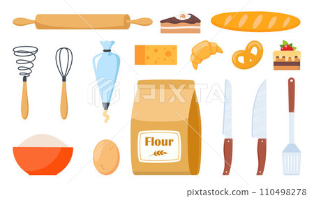 Pastry making equipment and ingredients. Baking tools set. Delicious baking. Vector illustration. Pastry making equipment and ingredients. Baking tools set. Delicious baking. Vector illustration. 110498278