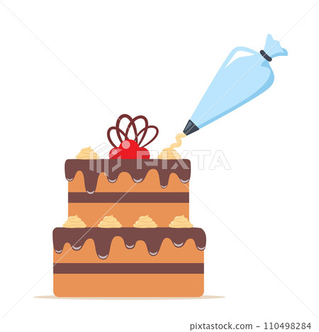Cake decorating. Pastry bag for decorate cakes with cream. Cooking and bakery process. Vector illustration. Cake decorating. Pastry bag for decorate cakes with cream. Cooking and bakery process. Vector illustration. 110498284
