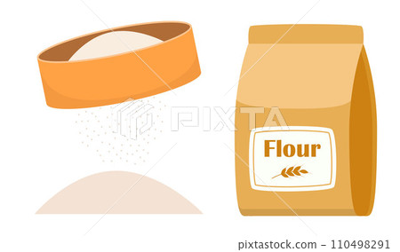 Flour sifter, package of, bowl set. Baking Ingredients. Healthy organic food. Cartoon vector. Dough cooking. Organic product illustration. Kitchen utensils. 110498291