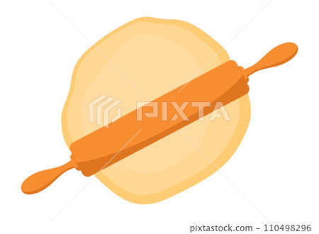 Wooden rolling pin on the dough. Rolling out the dough with a rolling pin. Vector illustration. 110498296