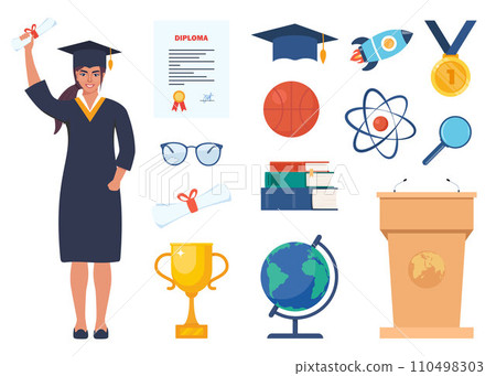 School, science, education, graduation icons. Microscope, atom, books, graduation cap, globe, magnet, glasses, golden cup, DNA, medal, diploma. Vector illustration. School, science, education, graduation icons. Microscope, atom, books, graduation cap, globe, magnet, glasses, golden cup, DNA, medal, diploma. Vector illustration. 110498303