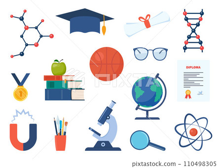 School, science, education, graduation icons. Microscope, atom, books, graduation cap, globe, magnet, glasses, golden cup, DNA, medal, diploma. Vector illustration. School, science, education, graduation icons. Microscope, atom, books, graduation cap, globe, magnet, glasses, golden cup, DNA, medal, diploma. Vector illustration. 110498305
