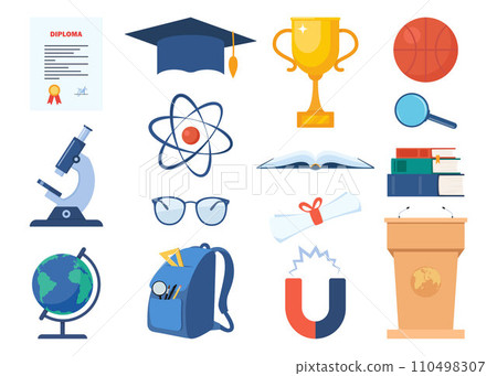 School, science, education, graduation icons. Microscope, atom, books, graduation cap, globe, magnet, glasses, golden cup, DNA, medal, diploma. Vector illustration. 110498307