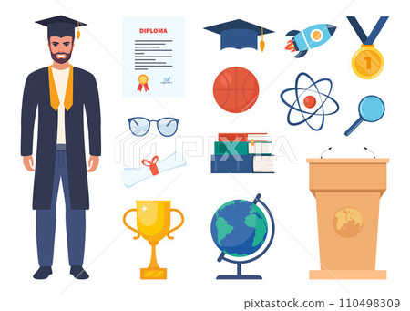 School, science, education, graduation icons. Microscope, atom, books, graduation cap, globe, magnet, glasses, golden cup, DNA, medal, diploma. Vector illustration. 110498309