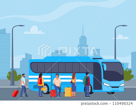 People on auto station. Man, woman standing near transport, waiting for passenger boarding. Citizen, urban infrastructure concept. Vector illustration. 110498324