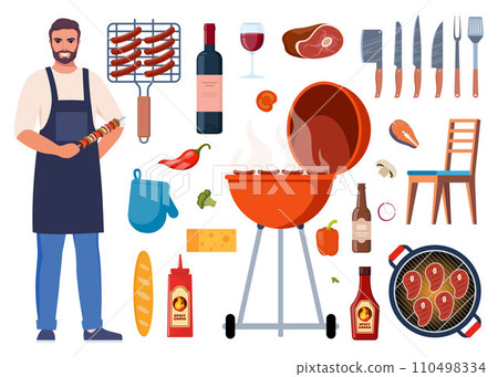 Barbecue equipment, outdoor BBQ picnic elements. Grilled sausages, meat, vegetables, drinks, and food for the summer grill party. Cooking tools and meat. Vector illustration. Barbecue equipment, outdoor BBQ picnic elements. Grilled sausages, meat, vegetables, drinks, and food for the summer grill party. Cooking tools and meat. Vector illustration. 110498334