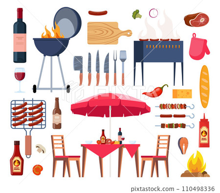 Barbecue equipment, outdoor BBQ picnic elements. Grilled sausages, meat, vegetables, drinks, and food for the summer grill party. Cooking tools and meat. Vector illustration. Barbecue equipment, outdoor BBQ picnic elements. Grilled sausages, meat, vegetables, drinks, and food for the summer grill party. Cooking tools and meat. Vector illustration. 110498336