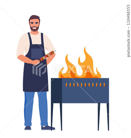 Man cooking barbecue grill. Barbecue scene. Smiling man holds kebabs. Fry meat on fire. Vector illustration. 110498355