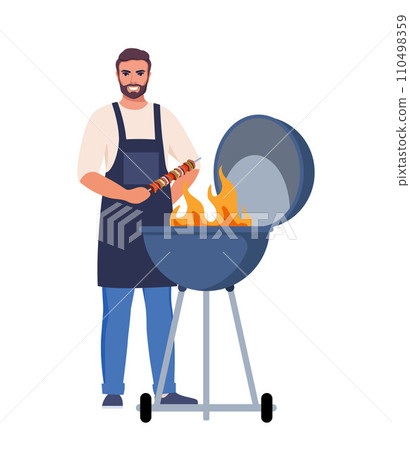 Man cooking barbecue grill. Barbecue scene. Smiling man holds kebabs. Fry meat on fire. Vector illustration. Man cooking barbecue grill. Barbecue scene. Smiling man holds kebabs. Fry meat on fire. Vector illustration. 110498359