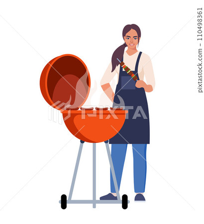 Woman cooking barbecue grill. Barbecue scene. Smiling man holds kebabs. Fry meat on fire. Vector illustration. Woman cooking barbecue grill. Barbecue scene. Smiling man holds kebabs. Fry meat on fire. Vector illustration. 110498361