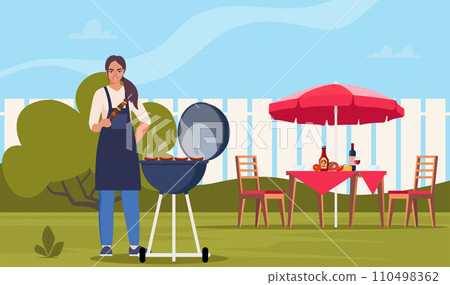 Woman cooking barbeque on backyard. BBQ party. Grilling meat and vegetables outside. Backyard picnic on a weekend. Vector illustration. Woman cooking barbeque on backyard. BBQ party. Grilling meat and vegetables outside. Backyard picnic on a weekend. Vector illustration. 110498362