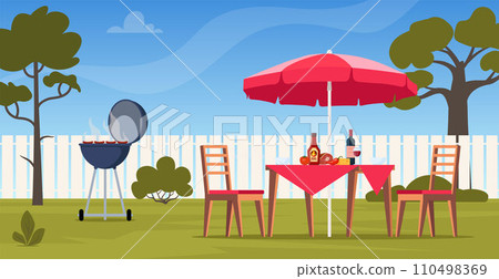 Barbeque scene on backyard. Table, chairs, food. Grilling meat and vegetables outside. Backyard picnic on a weekend. Vector illustration. 110498369