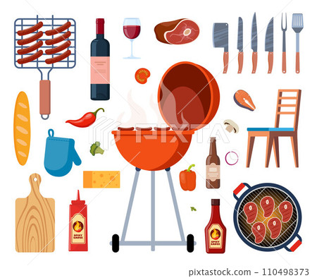Barbecue equipment, outdoor BBQ picnic elements. Grilled sausages, meat, vegetables, drinks, and food for the summer grill party. Cooking tools and meat. Vector illustration. 110498373