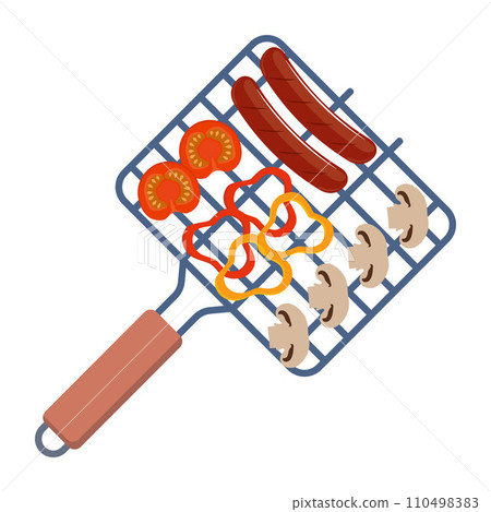 Barbeque grill grate with sausages, vegetables, mushroom. Device for grilling food. Top view. Vector illustration. Barbeque grill grate with sausages, vegetables, mushroom. Device for grilling food. Top view. Vector illustration. 110498383