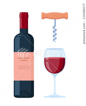 Wine bottle and glass of wine. Corkscrew. Sommelier accessory. Vector illustration. 110498577