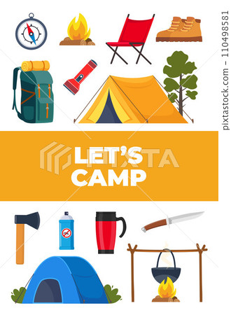 Summer camping and hiking equipment set. Big collection of icons for sports, adventures in nature, recreation and tourism concept design. Vector illustration. Summer camping and hiking equipment set. Big collection of icons for sports, adventures in nature, recreation and tourism concept design. Vector illustration. 110498581