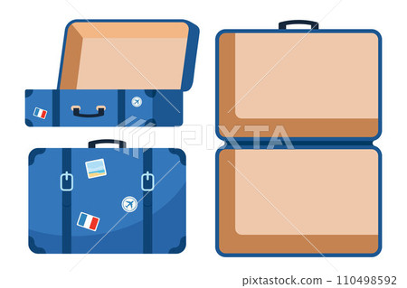 Retro leather suitcase with metal corners, belts and handle. Suitcase, open and closed, ready for packing. Front and top view. Preparing for the trip. Vacation and travel concept. Vector illustration. 110498592