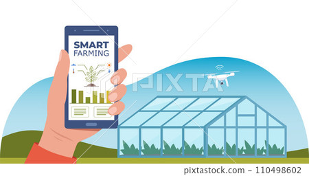 Smart farming, futuristic technologies in farm industry. Smartphone with app for control plants growing, drone, agricultural automation. Greenhouse on background. Vector illustration. 110498602