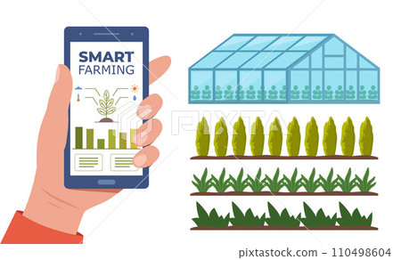 Smart farming, futuristic technologies in farm industry. Smartphone with app for control plants growing, greenhouse, Beds with agricultural crops. Vector illustration. 110498604