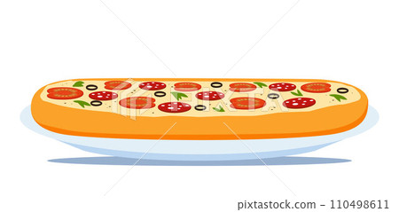 Side view pizza with various ingredients. Whole pizza on plate. Italian pizza. Italian traditional food. Vector illustration. 110498611
