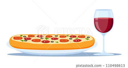 Pizza with glass of red wine. Italian traditional food 110498613