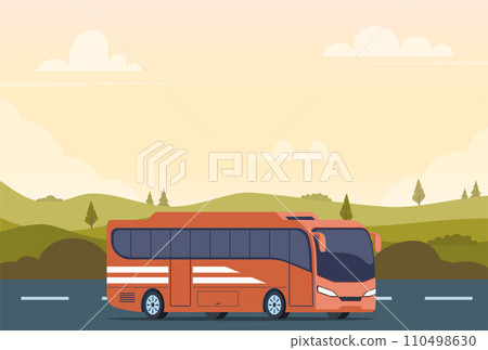 Traveling by bus. Tourist buses drive along road towards trip adventure. Travel agency commercial advertising, summer vacation tourism background. Vector illustration. 110498630