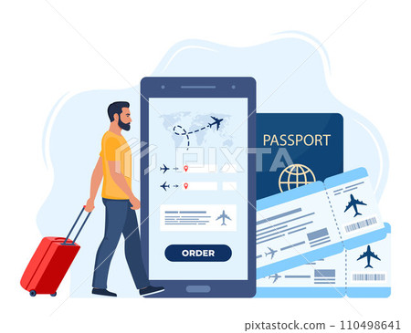 Mobile app for buying ticket with smartphone. Booking flights travel. Air tickets, passport, man walking with suitcase. Travel, journey, business trip. Vector illustration. 110498641