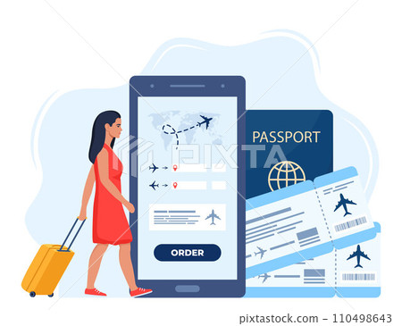 Mobile app for buying ticket with smartphone. Booking flights travel. Air tickets, passport, woman walking with suitcase. Travel, journey, business trip. Vector illustration. Mobile app for buying ticket with smartphone. Booking flights travel. Air tickets, passport, woman walking with suitcase. Travel, journey, business trip. Vector illustration. 110498643