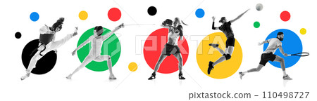 Collage made of different sportsmen of various sports in motion during game over white background with colorful elements. 110498727