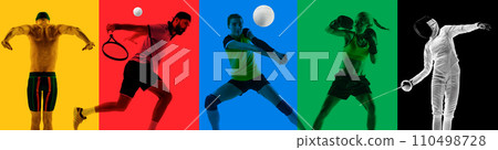 Monochrome set. Collage made of various athletes of different sports in motion over multicolored background. Banner for sport events Monochrome set. Collage made of various athletes of different sports in motion over multicolored background. Banner for sport events 110498728