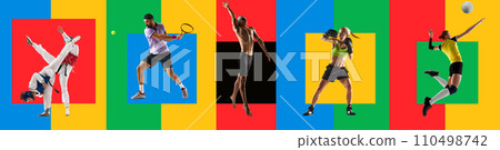 Dynamic images of young competitive people, athletes of different kind of sports in motion against multicolored background. Dynamic images of young competitive people, athletes of different kind of sports in motion against multicolored background. 110498742