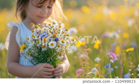 a child collects a bouquet of flowers in a spring meadow a child collects a bouquet of flowers in a spring meadow 110499015